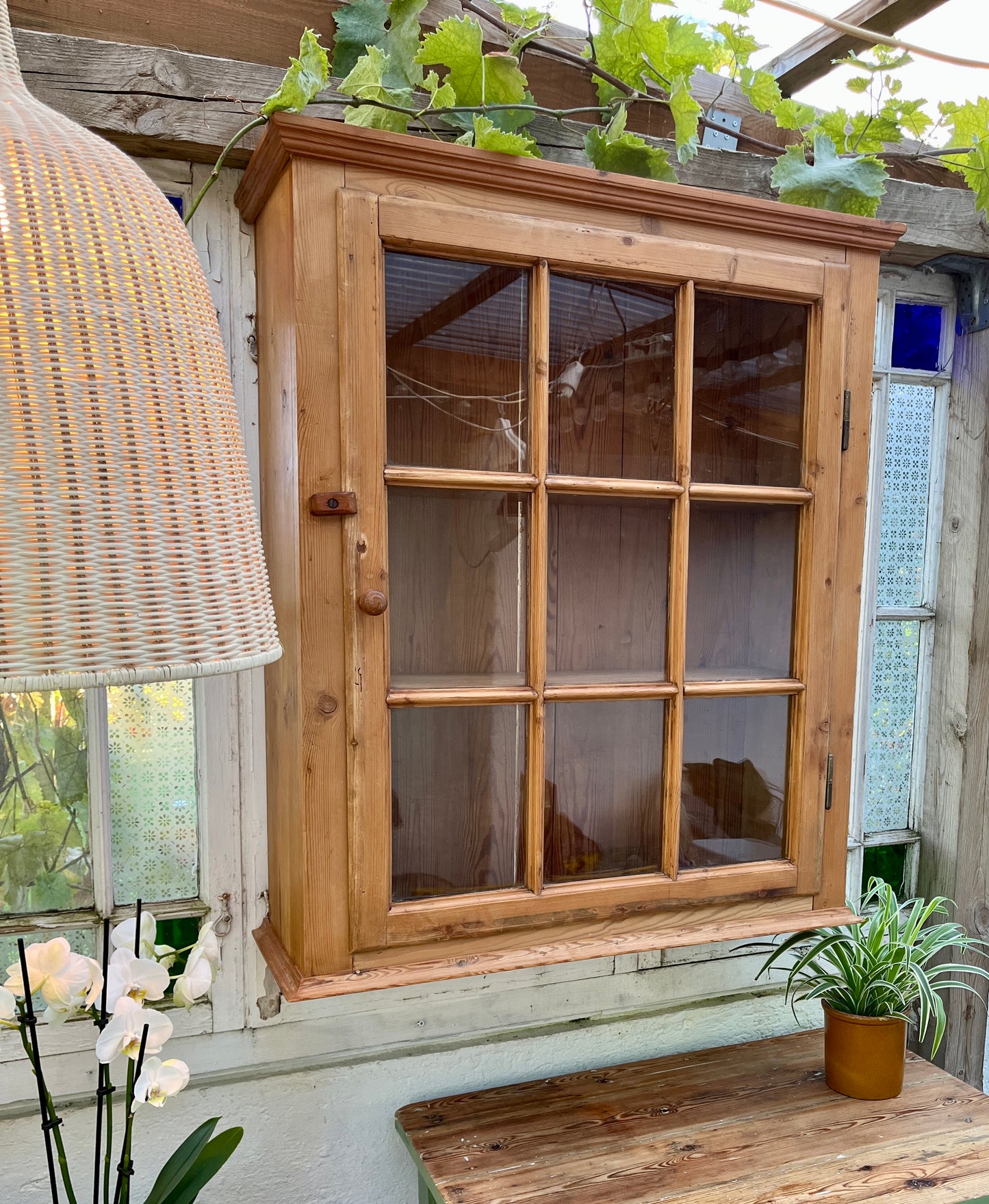Gammel vitrine i fyrretræ