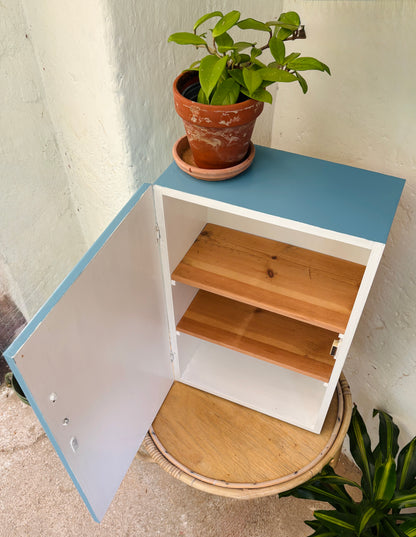 Blåt retroskab med hylder
