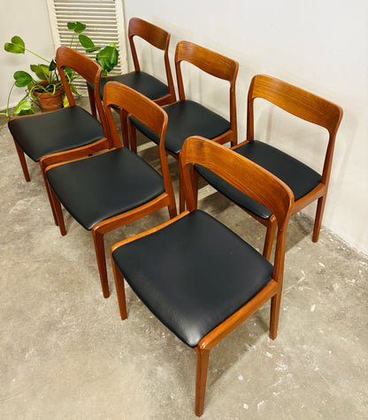 Teakstole med sort læder - 6 stk.