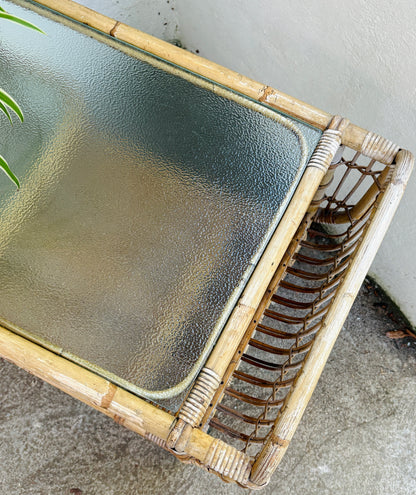 VINTAGE BAMBUS RULLEBORD MED GLASPLADER OG FLASKEHOLDER