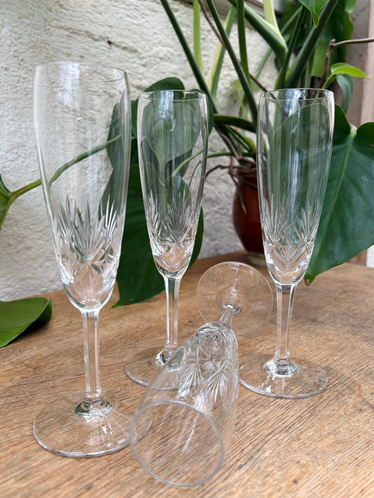 4 stk. vintage champagnefløjter i krystalglas